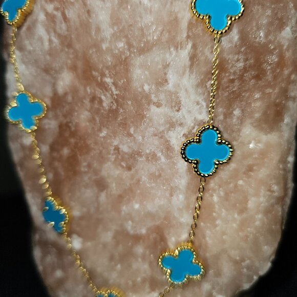 Turquoise blue Hope, Faith, Love and Luck clover fashion necklace 16 inches - Picture 5 of 9